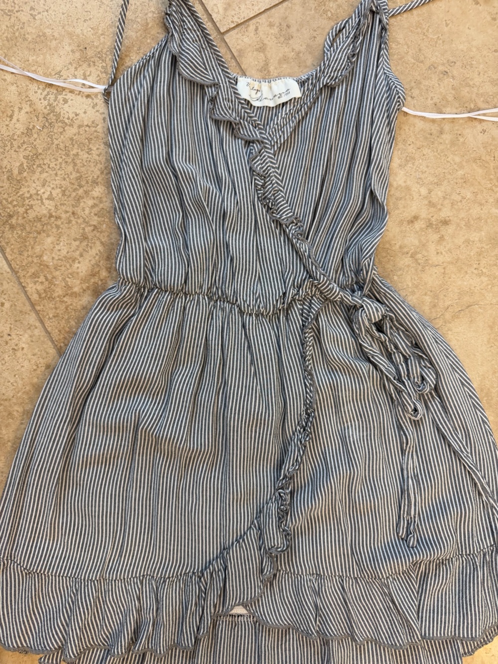Striped Wrap-Style Sundress in Gray and White